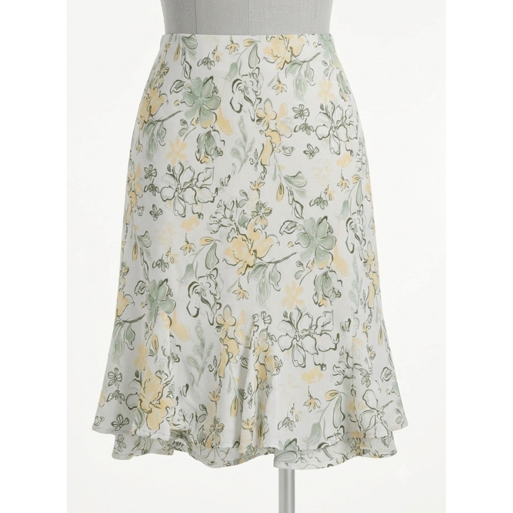 Laura Scott Floral Maxi‎ Skirt XL Sage Yellow Ruffle Hem Cottagecore Boho Flowy